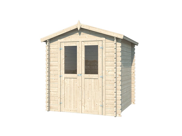 Gartenhaus aus Holz mit Satteldach und Doppeltür mit Lichtausschnitten.
