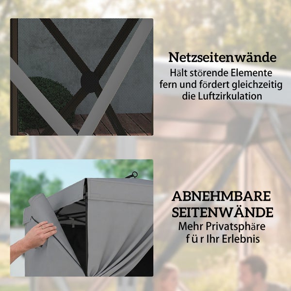 Pavillon mit feinmaschigen Netzseitenwänden für Luftzirkulation und abnehmbaren Seitenwänden für mehr Sichtschutz.