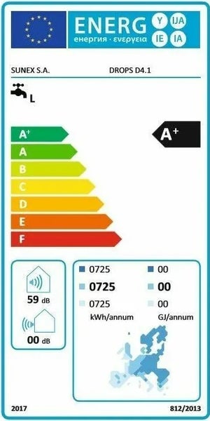 EU-Energielabel für SUNEX S.A. DROPS D4.1 mit Energieeffizienzklasse A plus, 59 Dezibel Schallleistungspegel innen und 00 Dezibel außen.