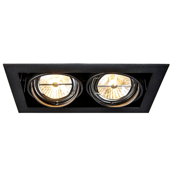 Schwarzer rechteckiger Einbaustrahler mit zwei verstellbaren Lampen, die warmes Licht ausstrahlen.