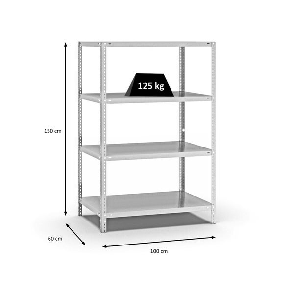 PROREGAL Fachbodenregal Schraubsystem Light-Duty Grundregal HxBxT 150 x 100 x 60 cm 4 Ebenen Fachlast 125 kg Beidseitig Nutzbar Lichtgrau