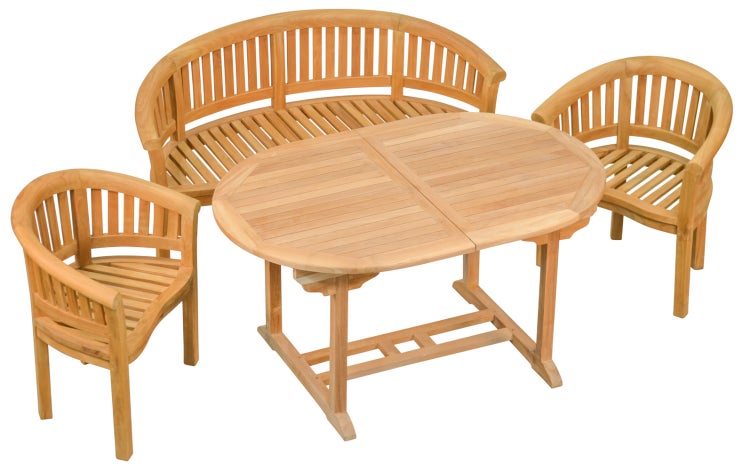 Teak Sitzgruppe 1 Bananenbank 2 Bananensessel mit 1 Ausziehtisch oval 150 x 100 cm premium