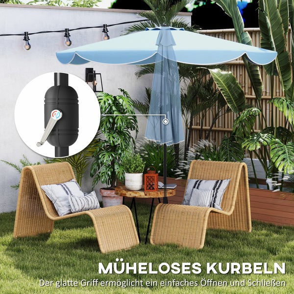 Outsunny Sonnenschirm Ø265 cm, rund Balkonschirm Strandschirm mit 3-facher Neigung Kurbel Marktschirm mit 8 Streben Kurbelschirm Sonnenschutz für Strand Balkon Garten, Himmelblau