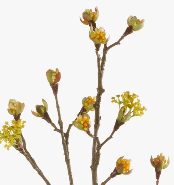 Künstlicher Zweig mit gelben Blütenknospen und braunen Verästelungen.