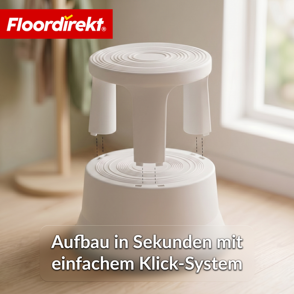 Floordirekt Logo. Montage eines weißen Kunststoffhockers mit einem einfachen Klick-System.