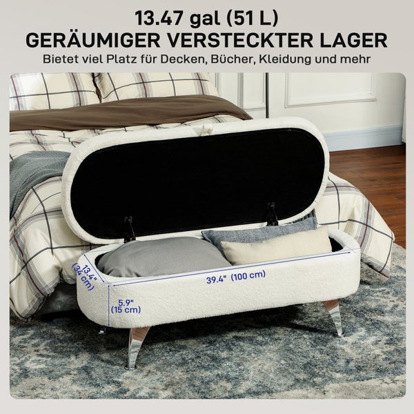 HOMCOM Sitzbank mit Stauraum Polsterbank mit Teddysamtoptik, Sitztruhe mit Metallbeine, Truhenbank für Wohnzimmer Schlafzimmer Flur 114 x 47 x 46,5 cm, Weiß