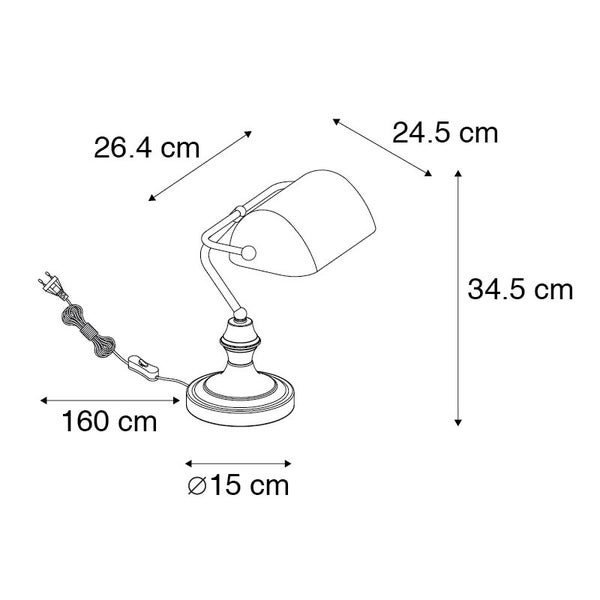 Technische Zeichnung einer Schreibtischlampe mit Abmessungen