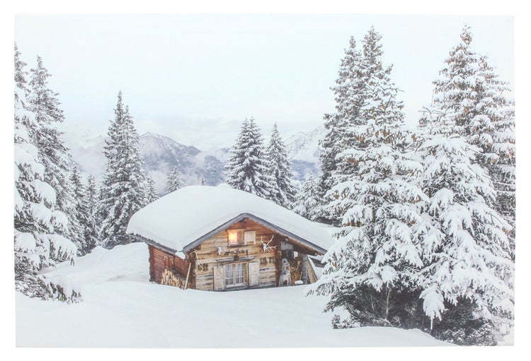 Gemütliche Holzhütte im verschneiten Winterwald als Wanddekoration