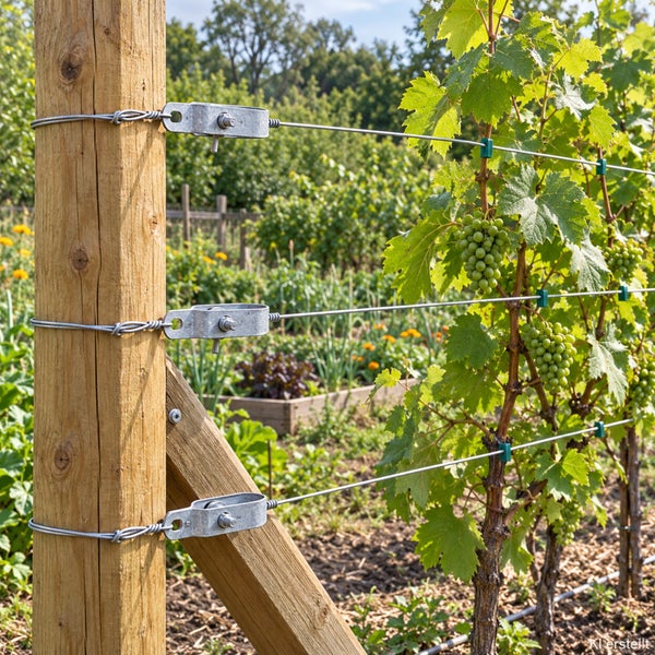 Spalierbau Set für Weinreben mit Holzpfosten und verzinkten Metallklemmen zur Drahtbefestigung in einem Garten