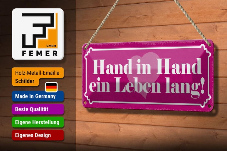 Blechschild Spruch 27x10cm Hand in Hand ein Leben lang Herz Dekoration