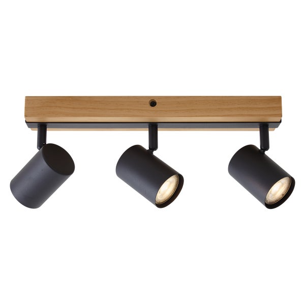 Deckenstrahler mit drei Spots auf einem Holzbalken in moderner Kombination aus Holz und Metall.