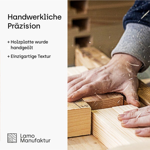 Handwerkliche Bearbeitung einer Holzplatte durch eine Person, handgeölte Oberfläche mit einzigartiger Textur, Lamo Manufaktur Logo.