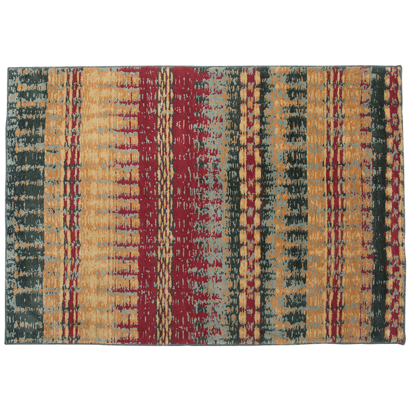 Rechteckiger Teppich mit abstraktem Streifenmuster in Rot, Orange und Grau mit Vintage-Effekt.