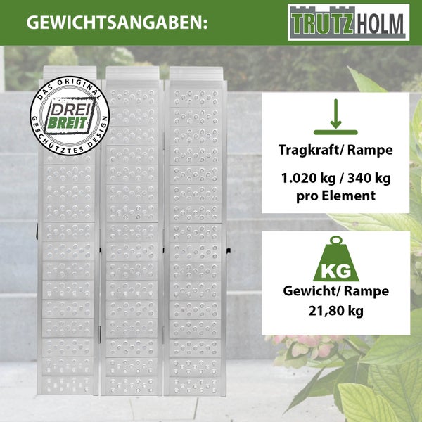 Gewichtsangaben der TrutzHolm Rampe: Tragkraft Rampe 1020 Kilogramm, Gewicht Rampe 21,80 Kilogramm, Tragkraft pro Element 340 Kilogramm