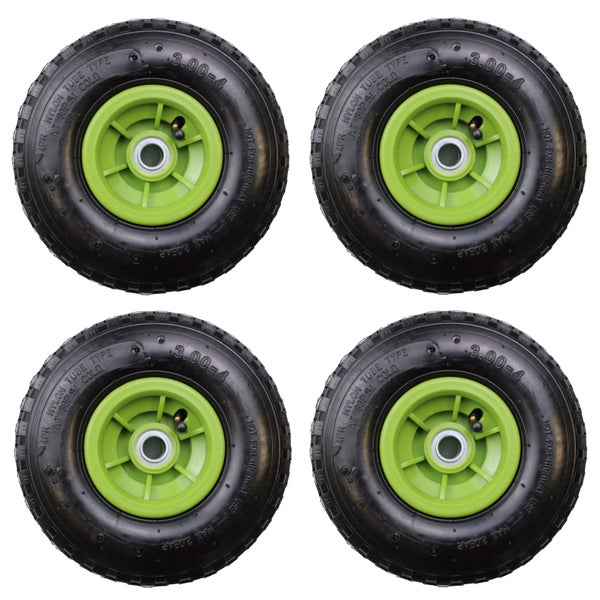 Vier Reifen mit Kunststofffelge, Größe 3.00-4, nicht für den Straßenverkehr geeignet