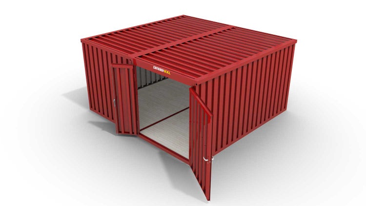 Lagercontainer Gerätehaus XL2  – 21 qm, H2150 x B5080 x T4340 mm, Außenwandlackierung RAL 3000 feuerrot, Dach außen verzinkt, mit Holzfußboden, 1830 mm Doppelflügeltür mittig in Modul D, montiert
