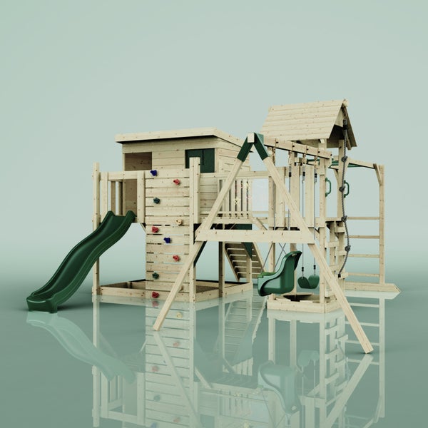 Spielplatz mit Kletterwand, Rutsche und Schaukel aus Holz