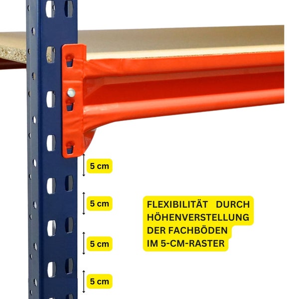 Detailaufnahme eines Schwerlastregals mit flexibler Höhenverstellung der Fachböden im Fünf-Zentimeter-Raster.