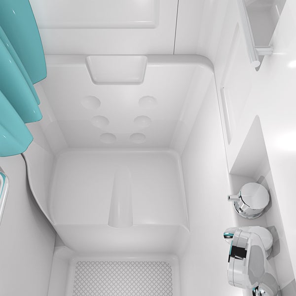 Innenansicht einer Duschkabine von oben mit integriertem Sitz, rutschhemmendem Boden, verchromter Armatur und Duschvorhang.