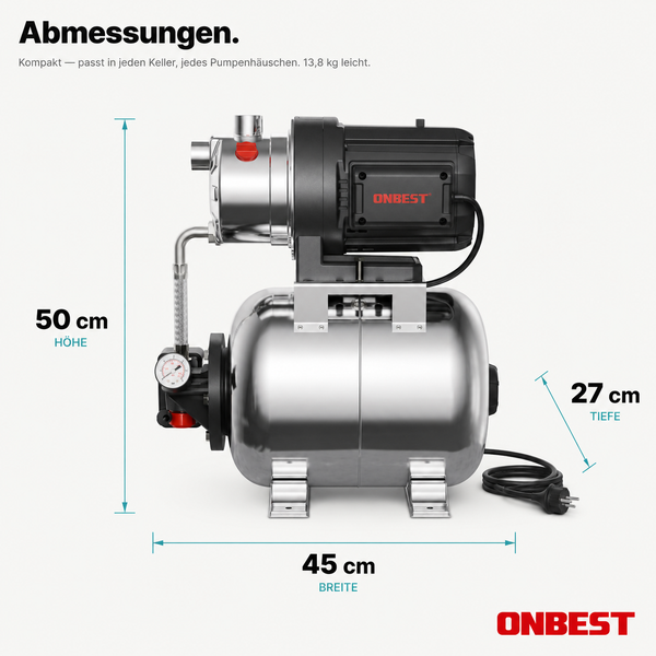 Hauswasserwerk von ONBEST mit Abmessungen: 50 Zentimeter Höhe, 45 Zentimeter Breite, 27 Zentimeter Tiefe und ein Gewicht von 13,8 Kilogramm.