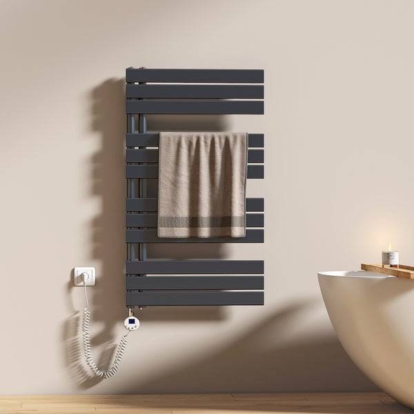 EMKE Elektrischer Badheizkörper 104x60 cm vertikal, 600W, Design-Paneelheizkörper mit Thermostat & Timer, Wandmontage, IP44, Handtuchwärmer seitlich offen, Anthrazit, Anschluss links, für Bad