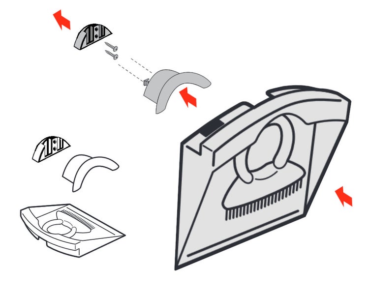 Explosionszeichnung zur Montage einer Halterung und eines Griffs an ein Bauteil mit Schrauben und Pfeilen.