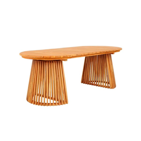 Ovaler Holztisch für den Garten mit zwei konischen Standfüßen aus Holzlatten.