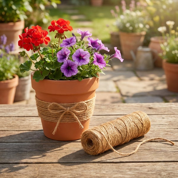 Terrakotta Blumentopf mit Geranien und Petunien, dekoriert mit Juteschnur, daneben eine Rolle Juteschnur auf einem hölzernen Gartentisch.