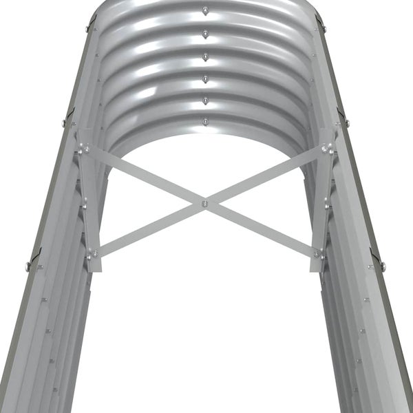 Innenansicht eines Hochbeets aus Metall mit einer x-förmigen Querstrebe zur Stabilisierung der gewellten Seitenwände.