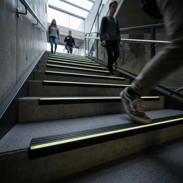 Rutschfestes Treppenkantenprofil mit nachleuchtendem Sicherheitsstreifen auf einer modernen Betontreppe in einem belebten Gebäude.