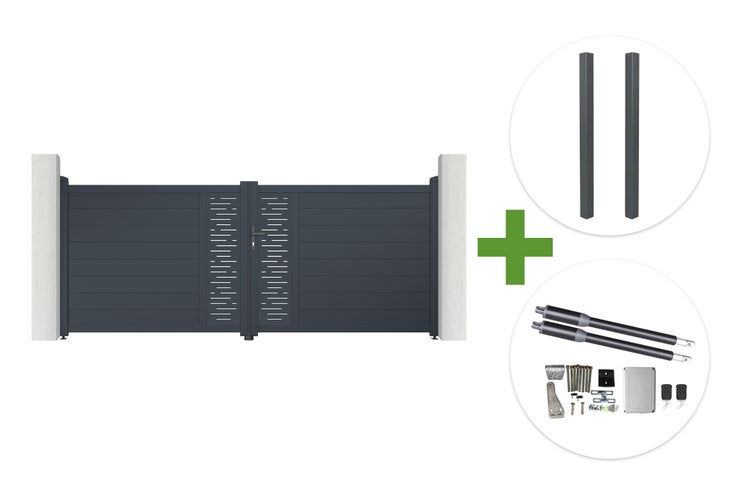 Zweiflügeliges Einfahrtstor mit horizontalen Lamellen und Lochmuster, inklusive zwei Pfosten und elektrischem Torantrieb-Set mit Zubehör.