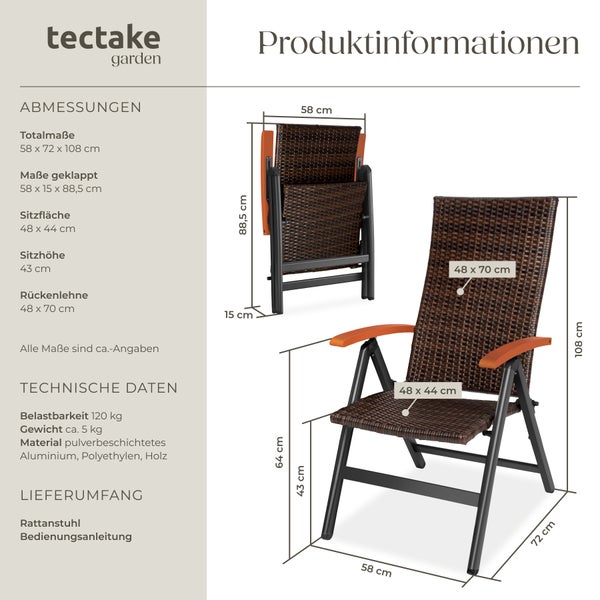 Rattanstuhl tectake Canberra 58 x 72 x 108 cm mit Aluminiumgestell braun