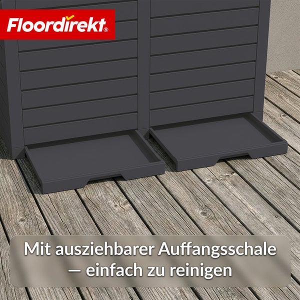Zwei Mülltonnenboxen mit ausziehbarer Auffangschale für eine einfache Reinigung