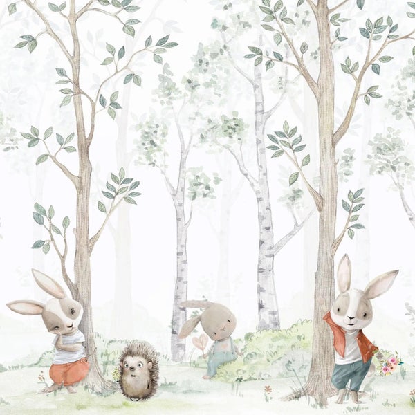 Kindertapete Birken­wald Aquarell mit Hasen 150 x 280 cm