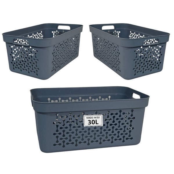 Drei Aufbewahrungskörbe aus Kunststoff mit einem Fassungsvermögen von 30 Litern