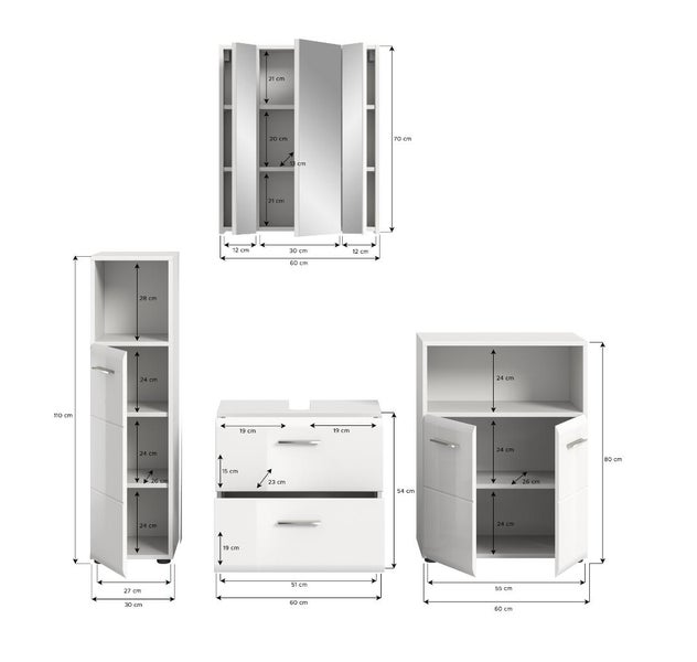 Technische Zeichnung eines vierteiligen Badezimmermöbel-Sets in Weiß mit detaillierten Maßen in Zentimetern für Schränke und Ablagen.