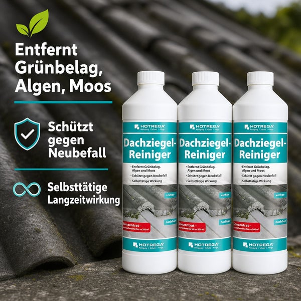 Drei Flaschen Hotrega Dachziegelreiniger Konzentrat zur Entfernung von Grünbelag, Algen und Moos auf Dächern mit Schutz vor Neubefall.