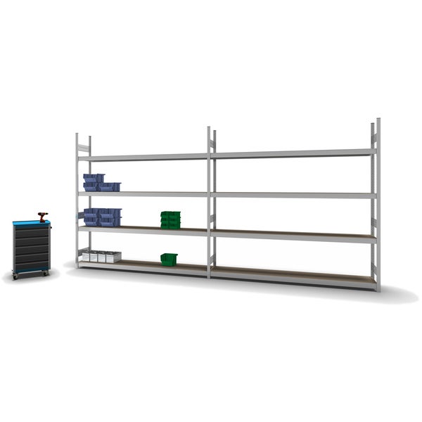 PROREGAL Weitspannregal Stecksystem T-Profil Grundregal HxBxT 250x250x40 cm 4 Ebenen Spanplatten Fachboden Fachlast 350 kg Verzinkt