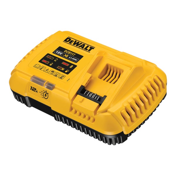 DeWalt DCB117 18 Volt XR Li-Ion Akku-Schnellladegerät mit 12 Ampere Ladestrom, gelb-schwarzes Kunststoffgehäuse.