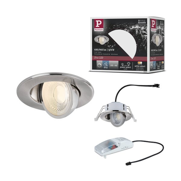 Paulmann LED Einbaustrahler Zina, Eisen gebürstet, 90 Grad schwenkbar, IP65, inklusive LED Treiber und Verpackung mit Paulmann Logo.
