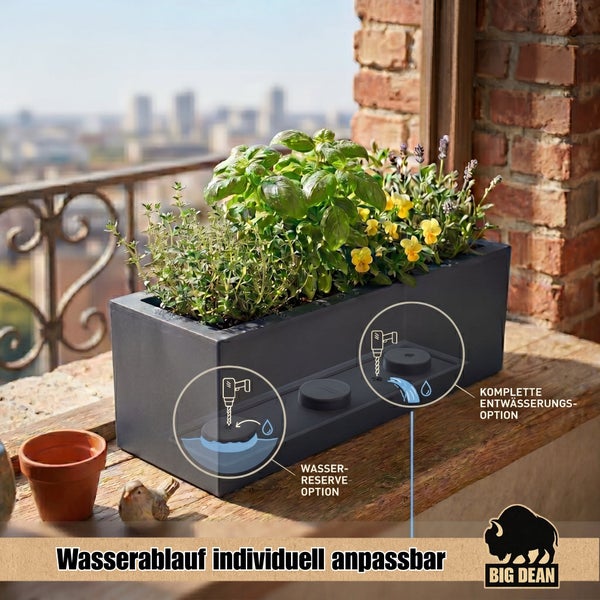 Rechteckiger Blumenkasten mit Kräutern und Blumen, zeigt Optionen für Wasserreserve und Entwässerung durch Bohrlöcher, Big Dean Logo.