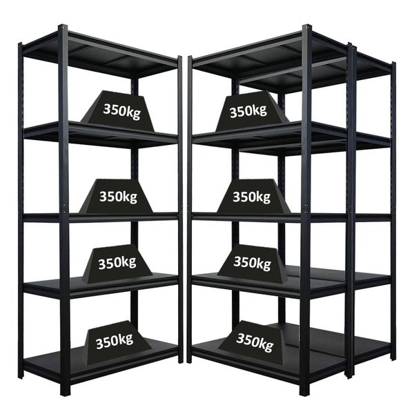 Zwei Metallregale mit je fünf Ablageflächen und einer Traglast von 350 Kilogramm