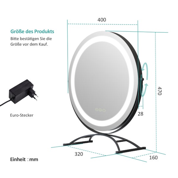 EMKE Kosmetikspiegel mit Beleuchtung ф40cm, Tisch-Standspiegel, mit Touchschalter & Memory-Funktion, 3 dimmbare Lichtfarben, 360° drehbar, bohrfrei, Schwarz
