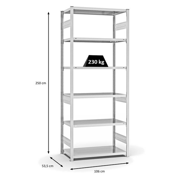 PROREGAL Fachbodenregal Stecksystem T-Profil Medium-Duty Grundregal HxBxT 250 x 100 x 50 cm 6 Ebenen Fachlast 230 kg Beidseitig Nutzbar Lichtgrau