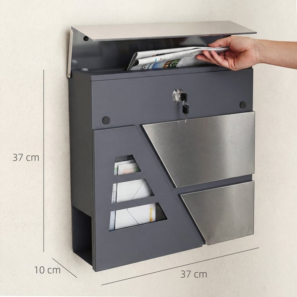 Anthrazitfarbener Wandbriefkasten aus Metall und Edelstahl mit Schloss, Schlüssel, Sichtfenstern und Zeitungsfach, 37 mal 37 mal 10 Zentimeter.