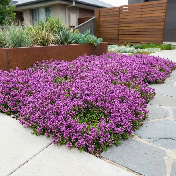 Üppiger, lilafarbener Bodendecker Sand-Thymian zwischen Steinplatten und einem Hochbeet aus Cortenstahl in einem modernen Garten.