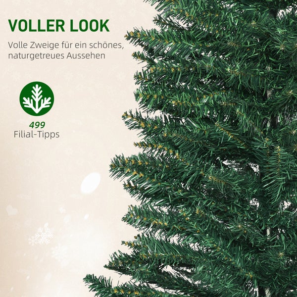 Nahaufnahme dichter grüner Zweige eines künstlichen Weihnachtsbaums für ein volles und naturgetreues Aussehen mit einem Empfehlungssymbol der Filialen.