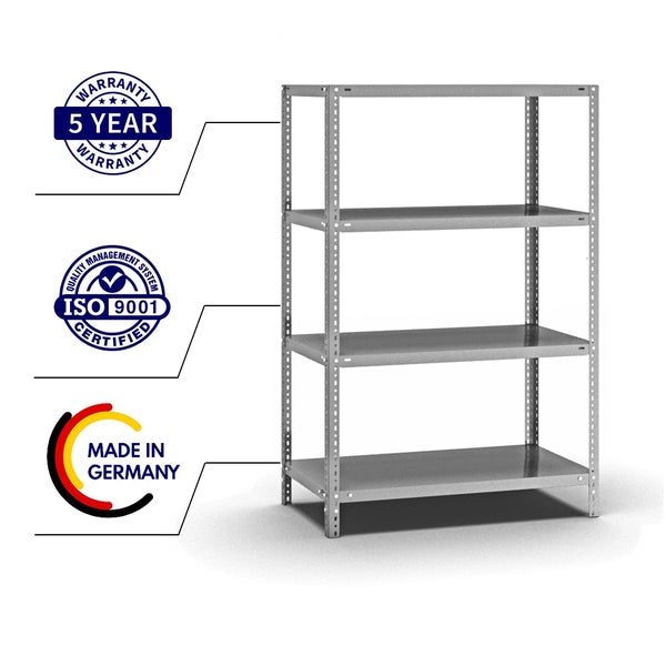 PROREGAL Fachbodenregal Schraubsystem Light-Duty Grundregal HxBxT 150 x 100 x 50 cm 4 Ebenen Fachlast 125 kg Beidseitig Nutzbar Verzinkt
