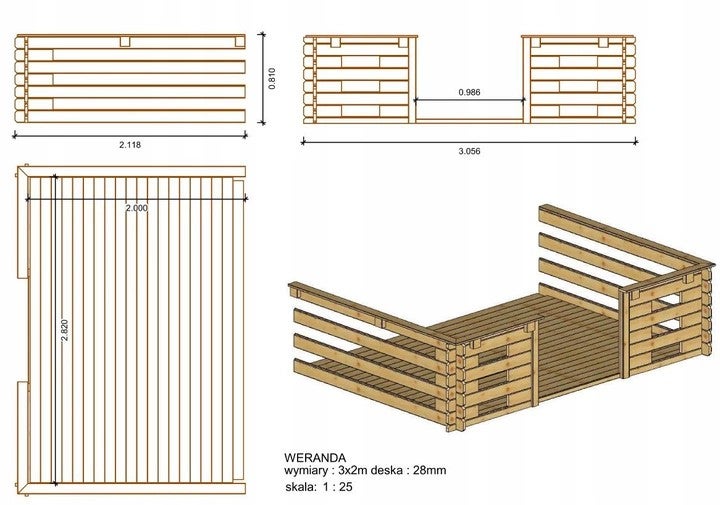 Veranda zum Gartenhaus 3x2 m - Farbe Holz