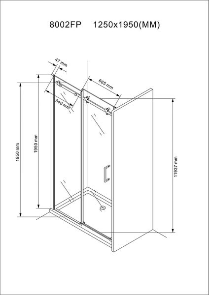 Technische Zeichnung einer Duschkabine mit Maßangaben
